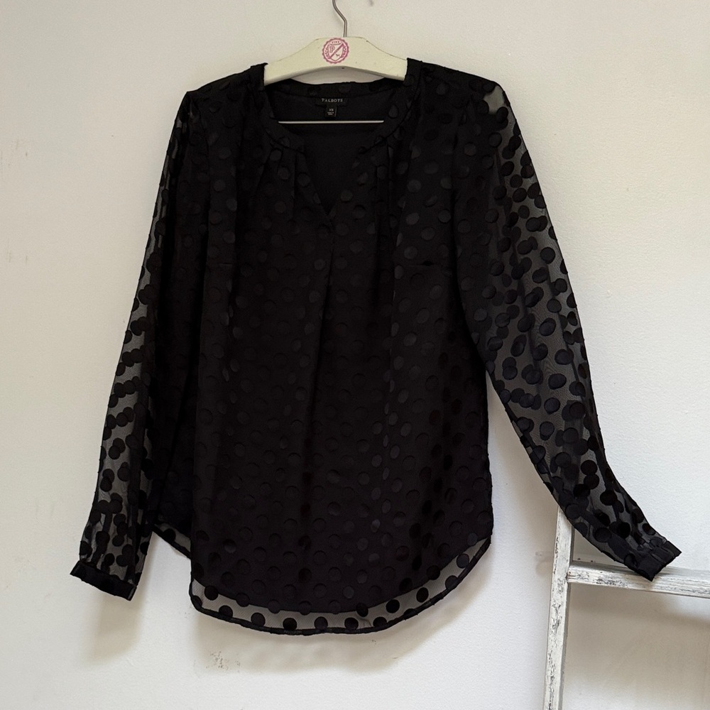 Talbots Black Sheer Polka Dot Blouse XS